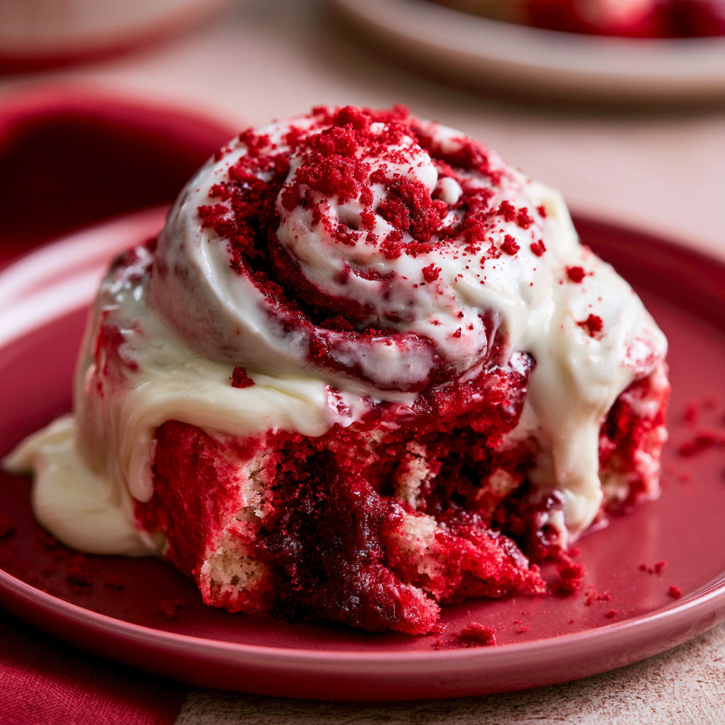 A plate of red velvet cinnamon rolls with cream cheese frosting.