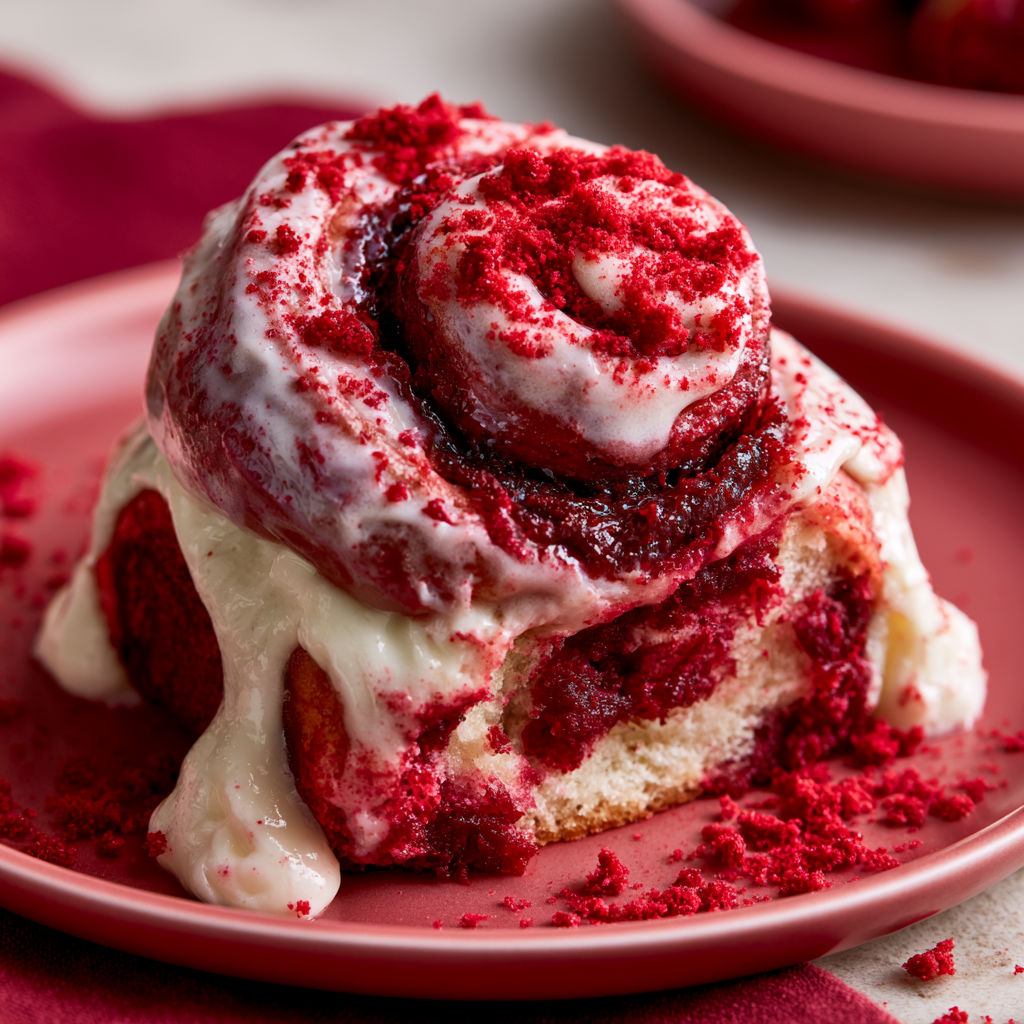 A red velvet cake with white frosting and red frosting.