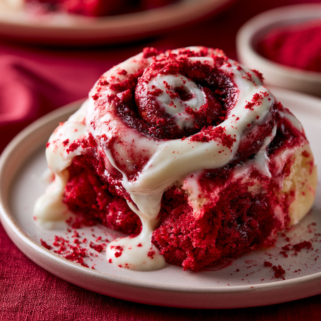 A plate with a red velvet cake with white frosting.