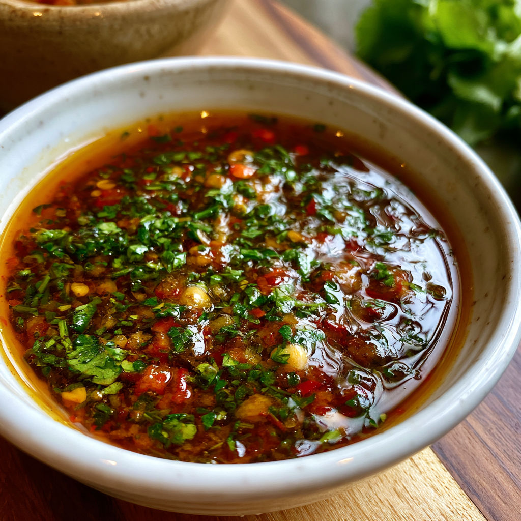 A bowl of soup with green herbs in it.