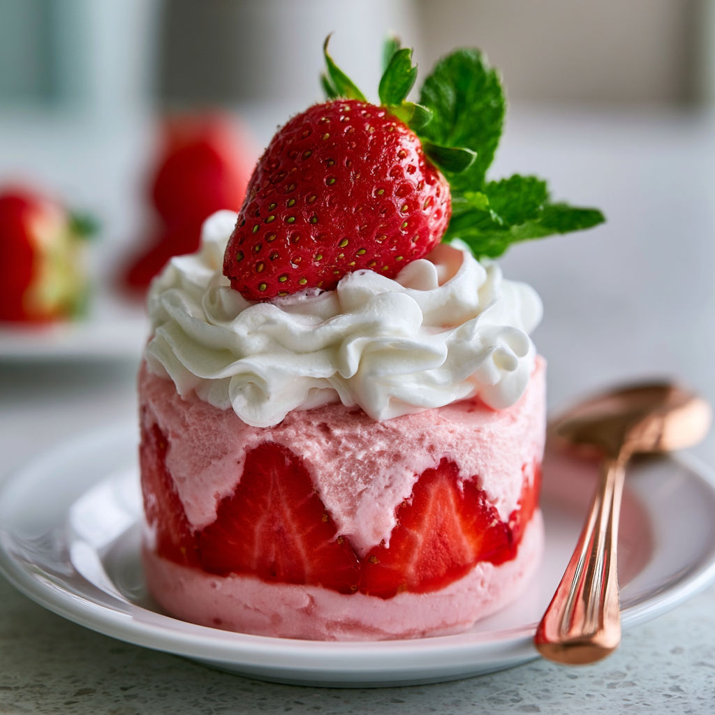 A slice of strawberry mousse cake with whipped cream.