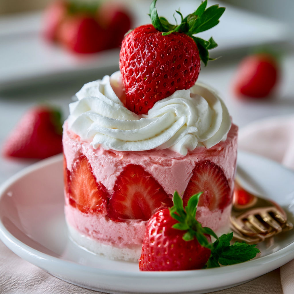 A slice of strawberry mousse cake with whipped cream.