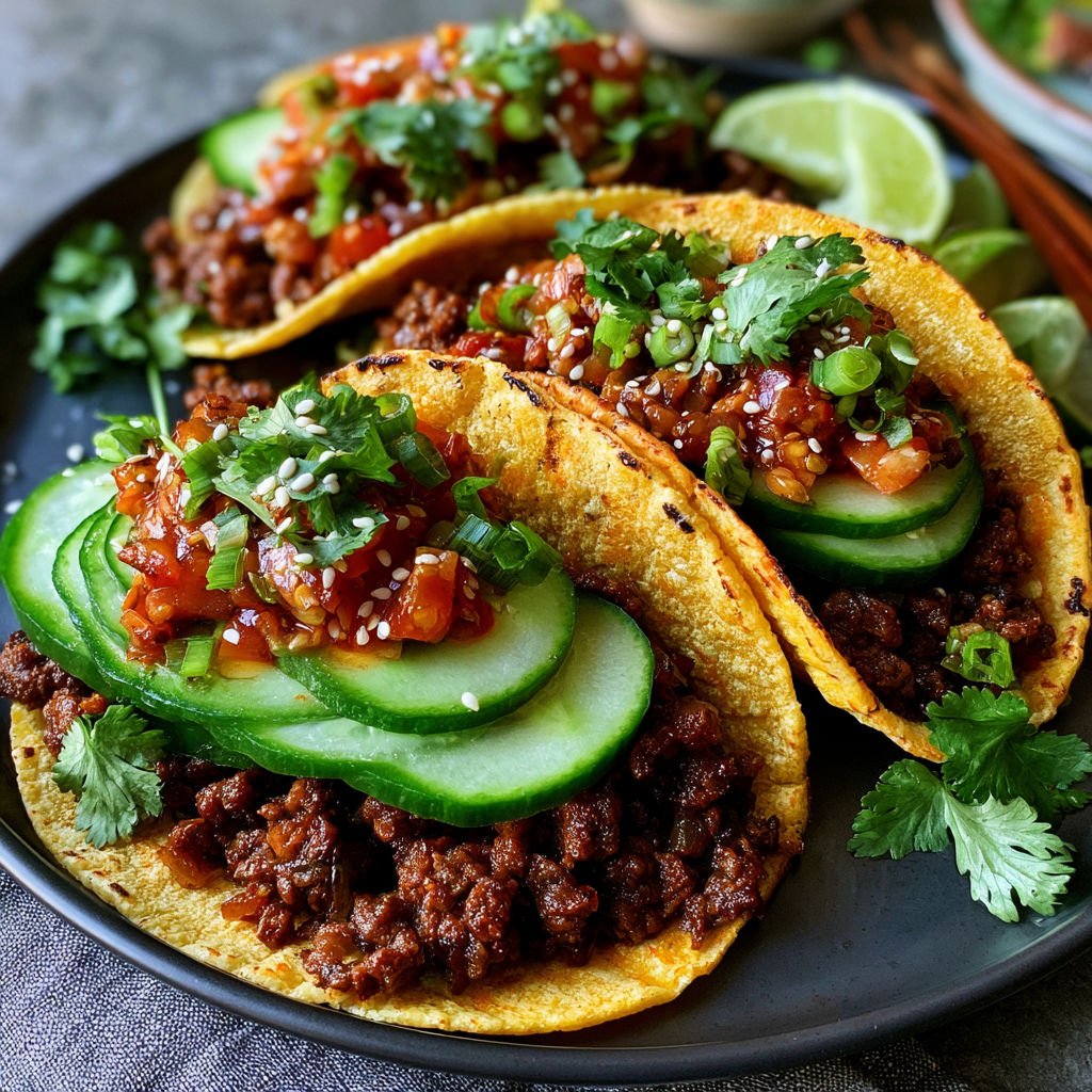 A plate of tacos with meat and pickled cucumbers.