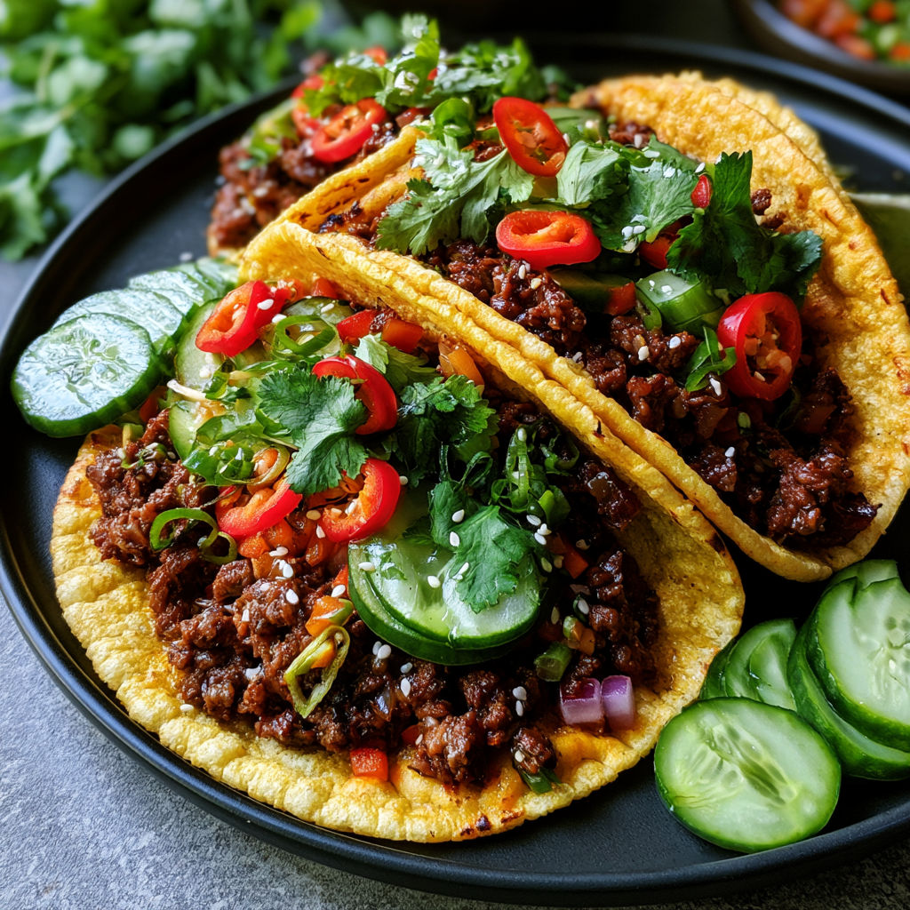 A plate of food with two tacos and a cucumber.