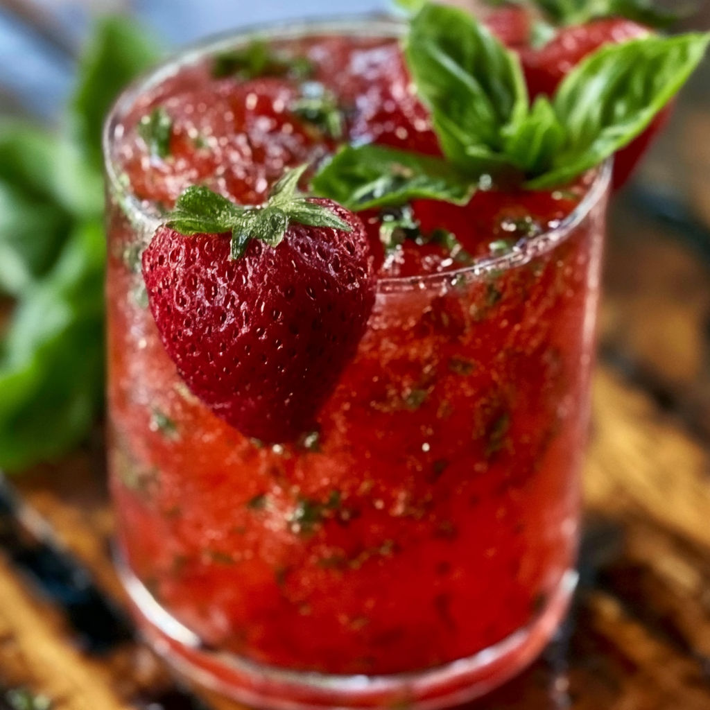A glass of strawberry basil smash cocktail.