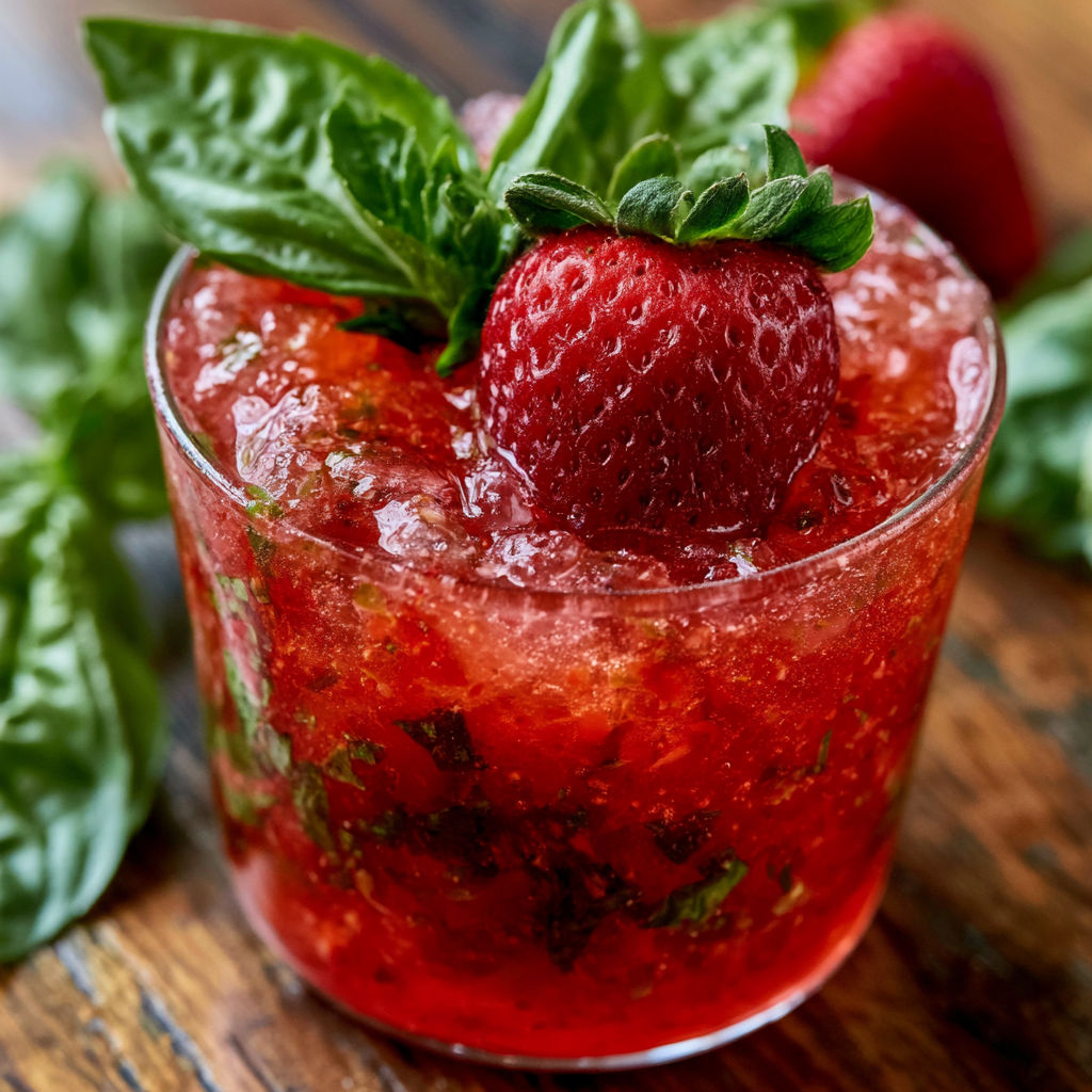A glass of strawberry basil smash cocktail.