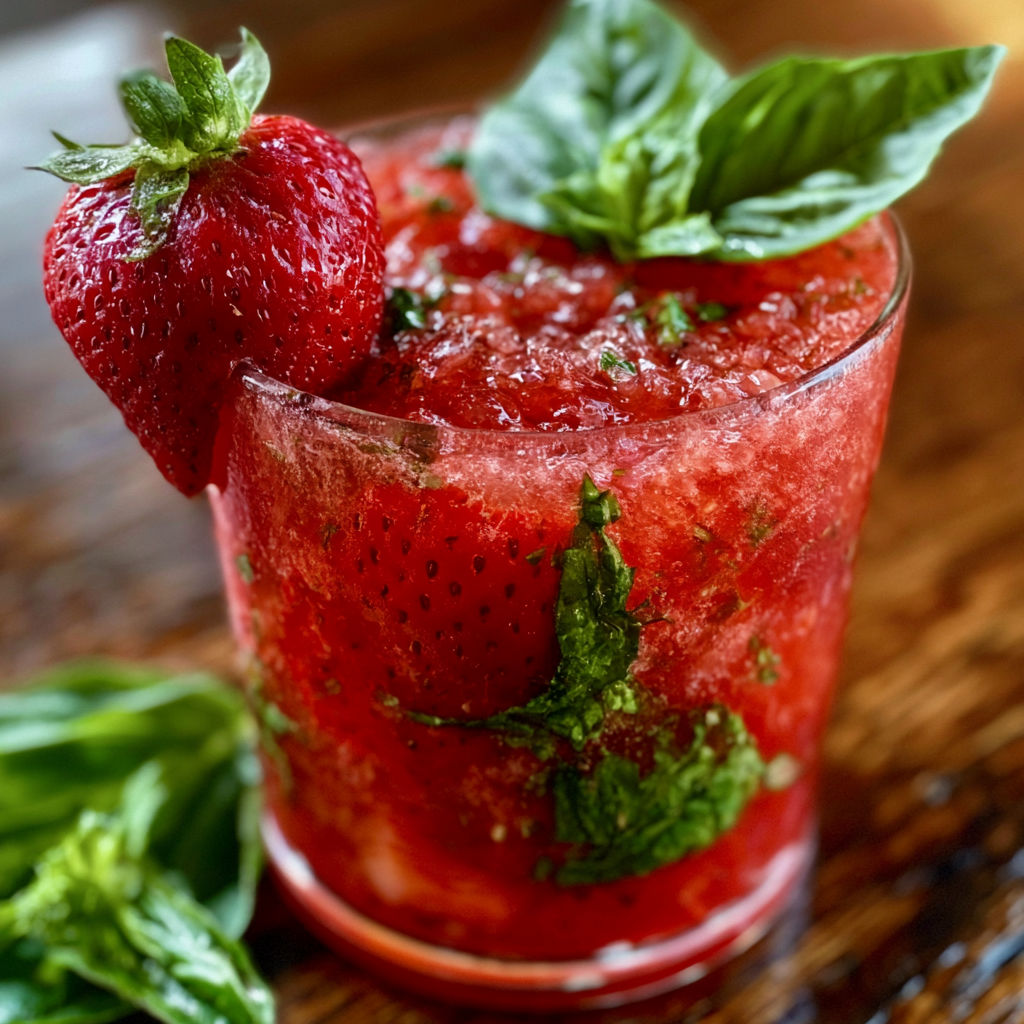 A glass of strawberry basil smash cocktail.