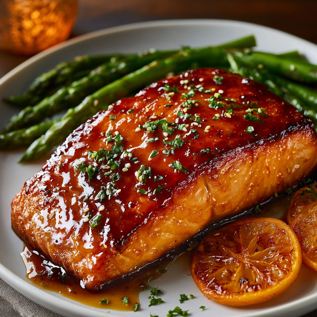 A plate of salmon with bourbon glaze and green beans.