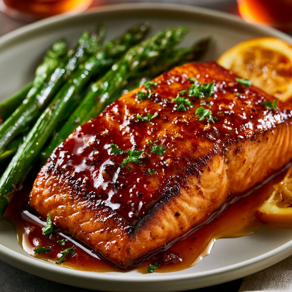 A plate of food with a piece of fish and asparagus.