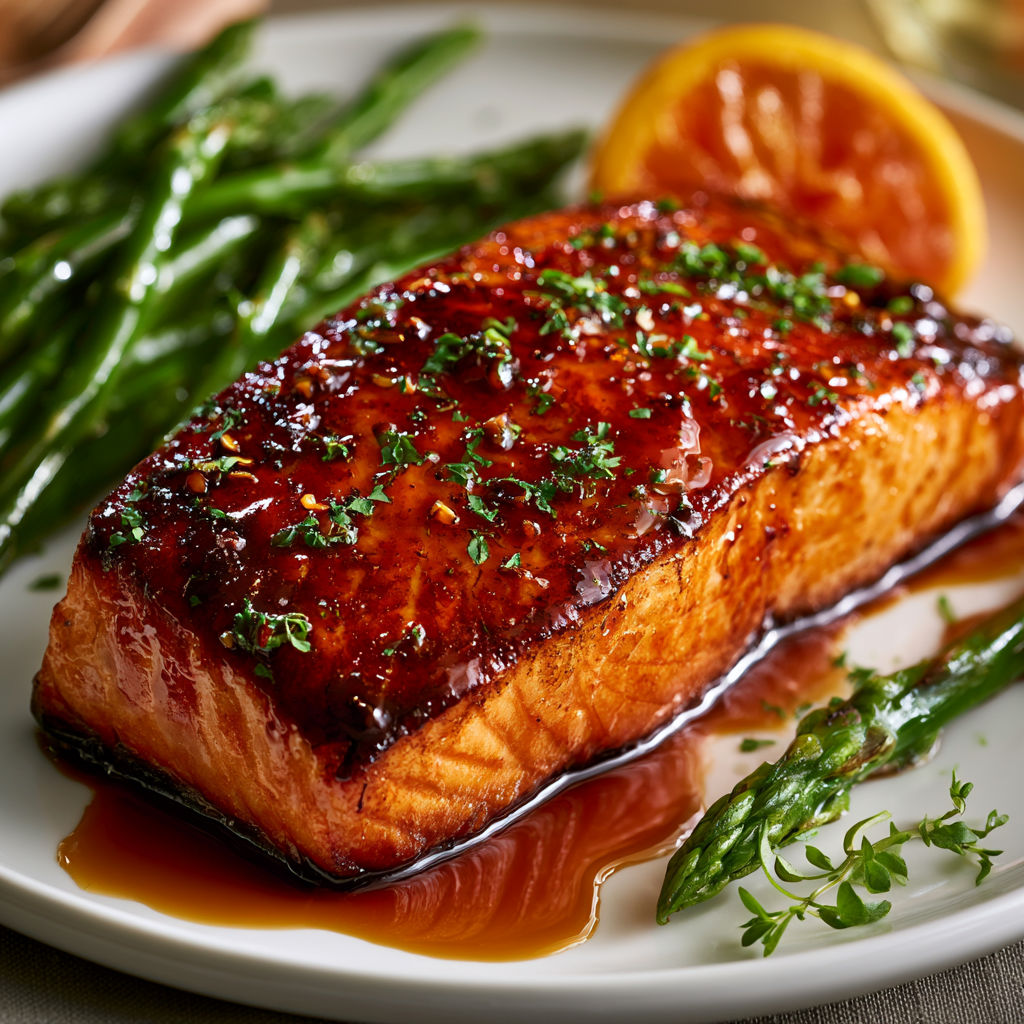 A plate of food with a piece of meat and green beans.
