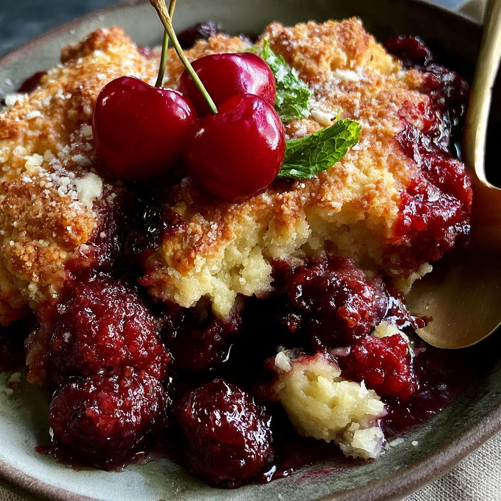 A plate of cherry cobbler with a cherry on top.