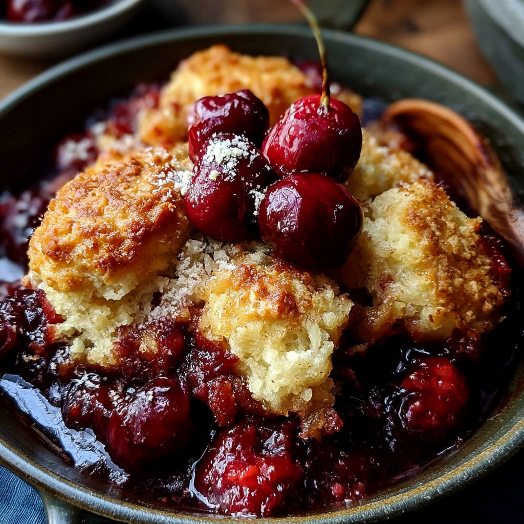 A bowl of cherry cobbler with a biscuit topping.