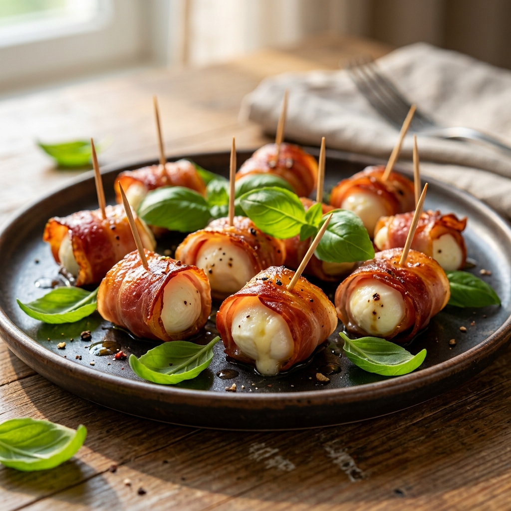 A plate of food with bacon wrapped around cheese and spinach.