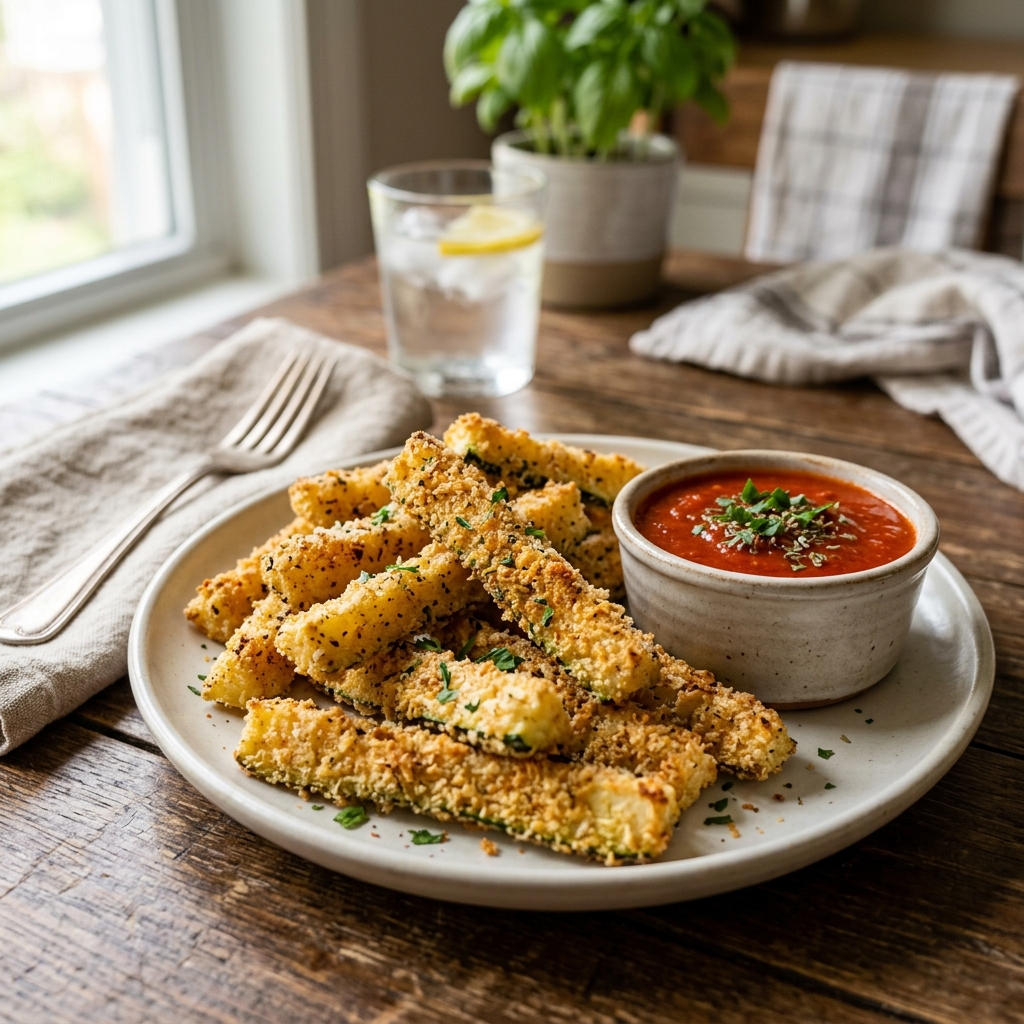 A plate of crispy oven baked zucchini fries with a bowl of dipping sauce.
