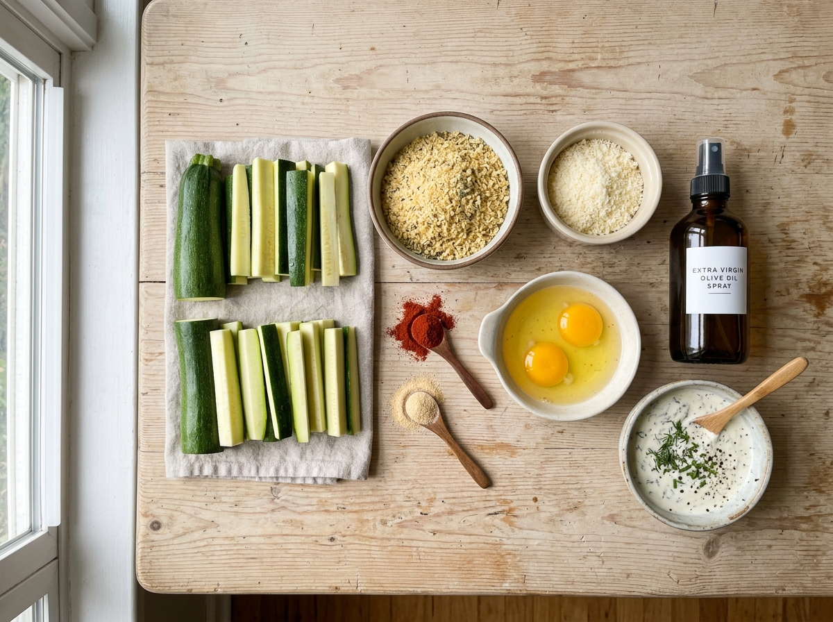 A table with a bowl of zucchini slices and a bowl of dip.