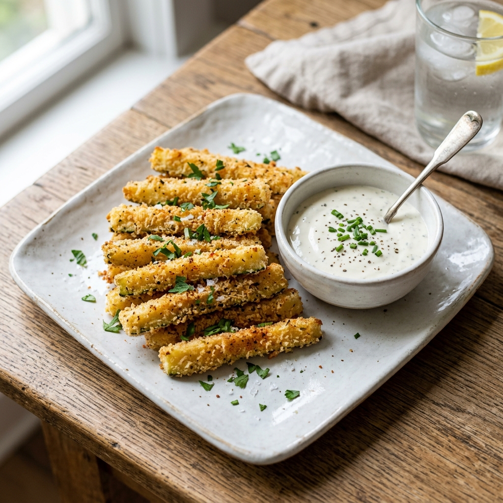 A plate of crispy oven baked zucchini fries with dip.