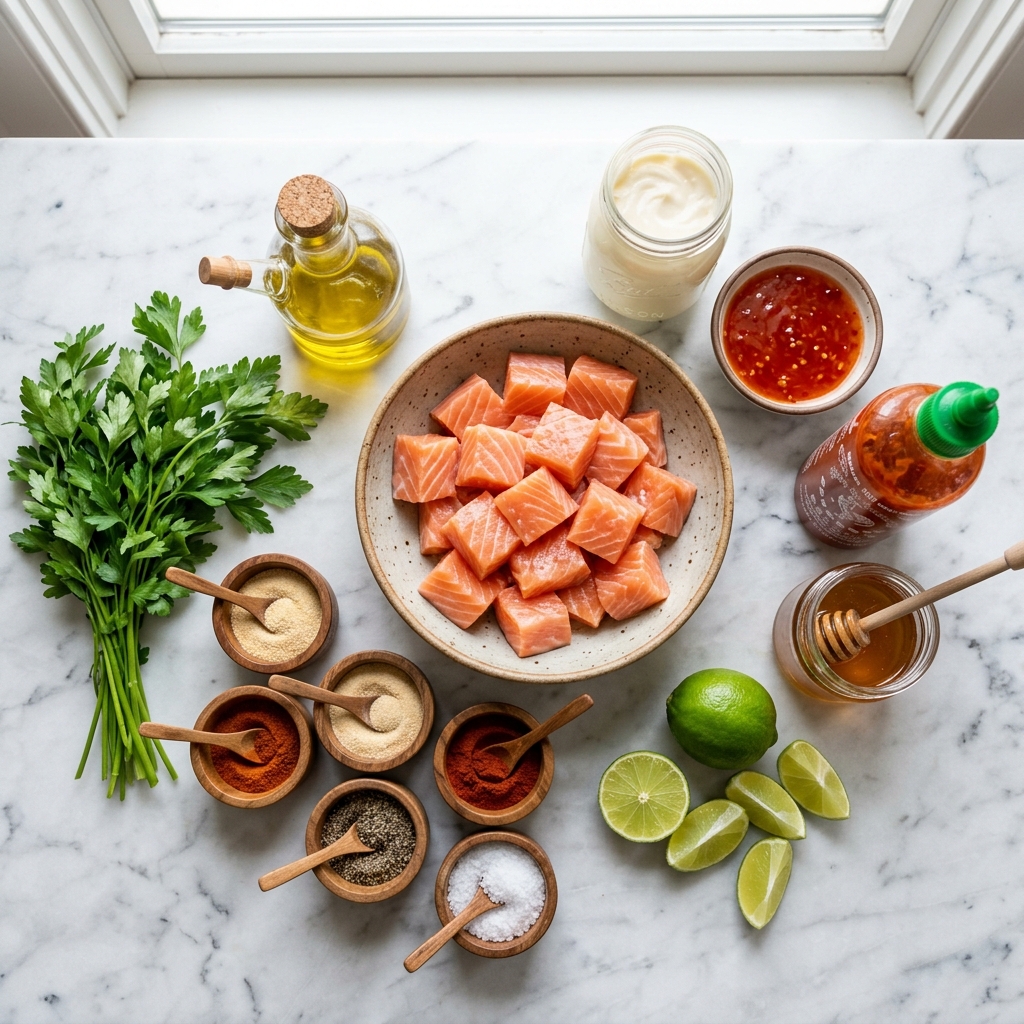 A table with a bowl of fish, a jar of sauce, and other condiments.