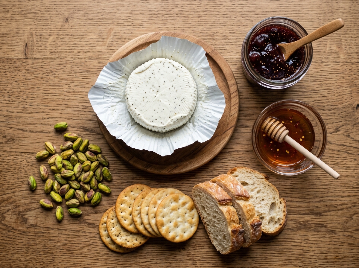 A wooden table with a variety of food items on it.