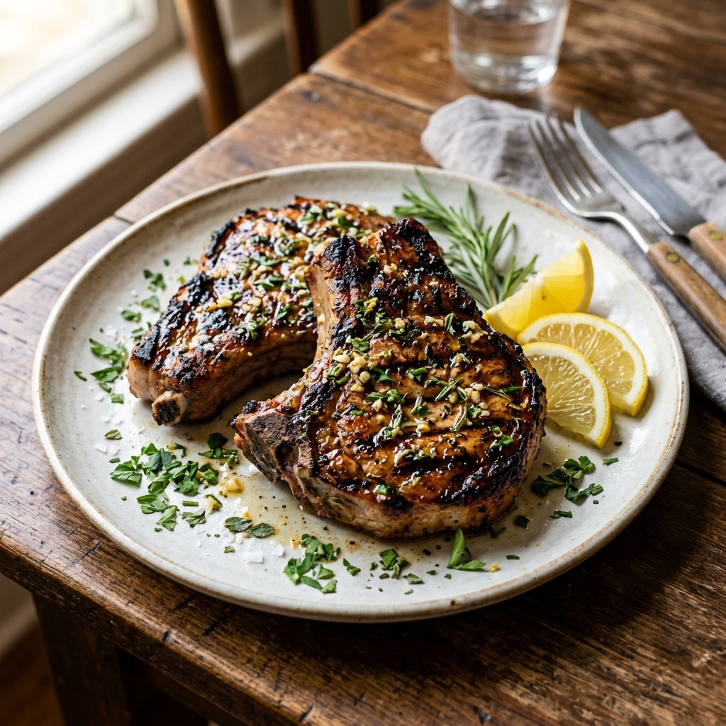 A plate of meat with lemon wedges on the side.