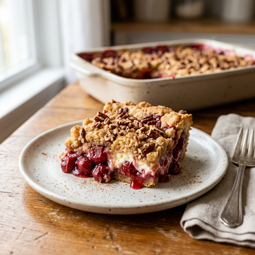 A slice of cherry cheesecake dump cake on a plate.