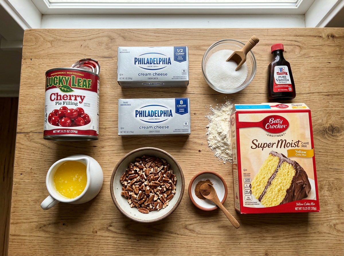 A table with ingredients for a cherry cheesecake dump cake.