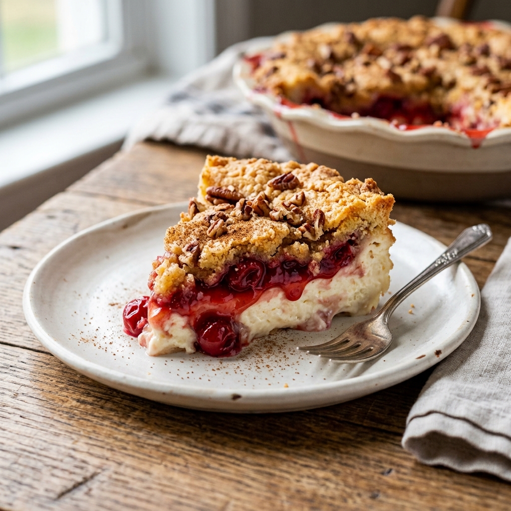 A slice of cherry cheesecake dump cake.