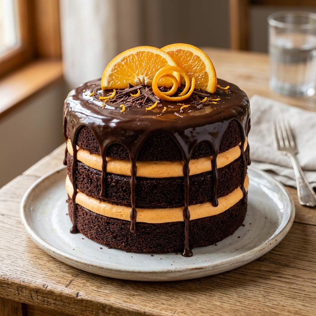 A chocolate cake with orange slices on top.