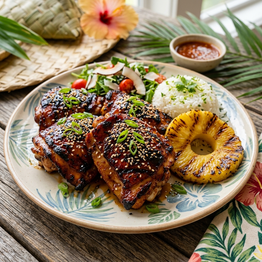 A plate of grilled chicken with a pineapple wedge on the side.