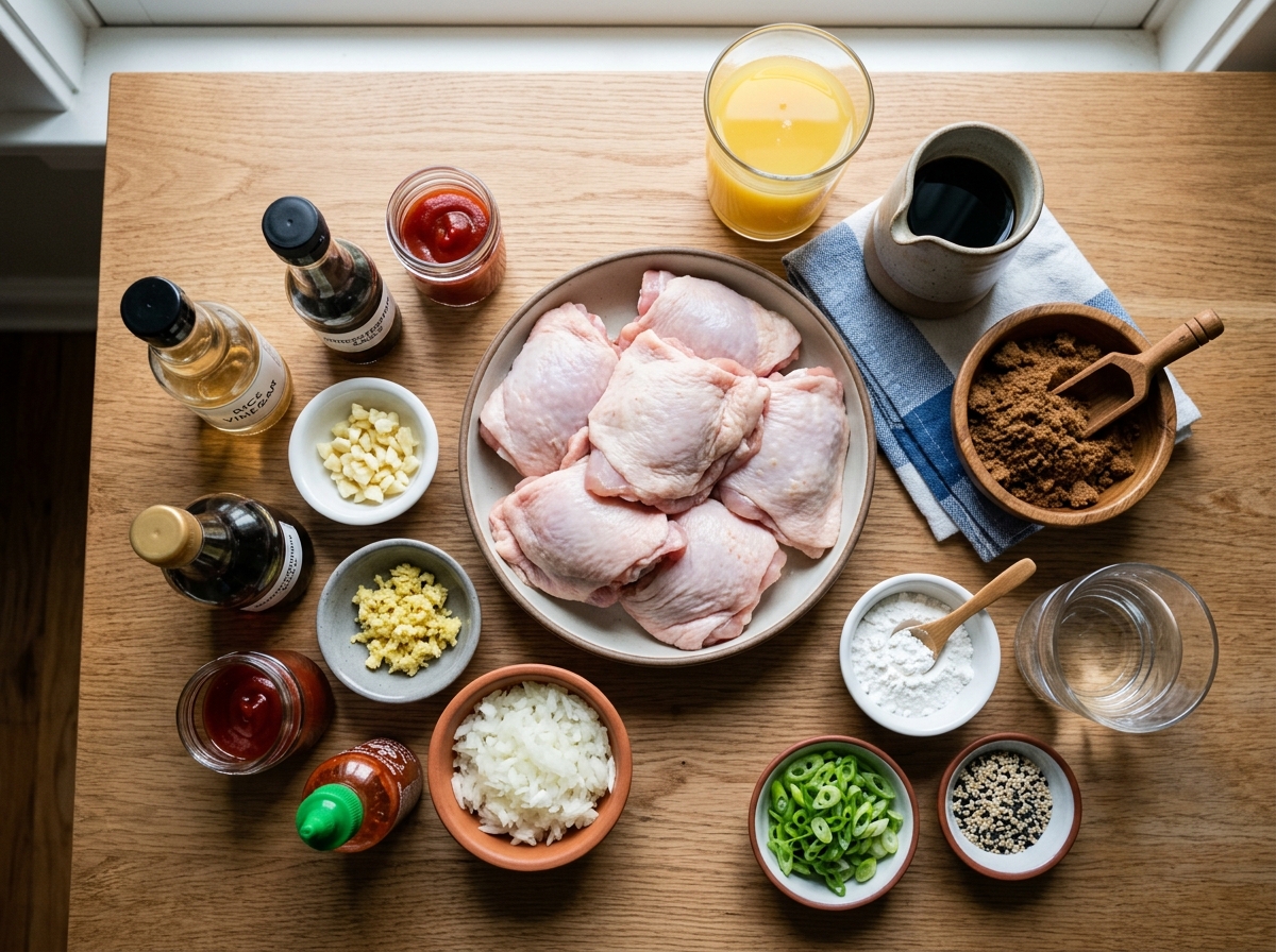 A table with various ingredients for a Huli Huli Chicken Recipe.