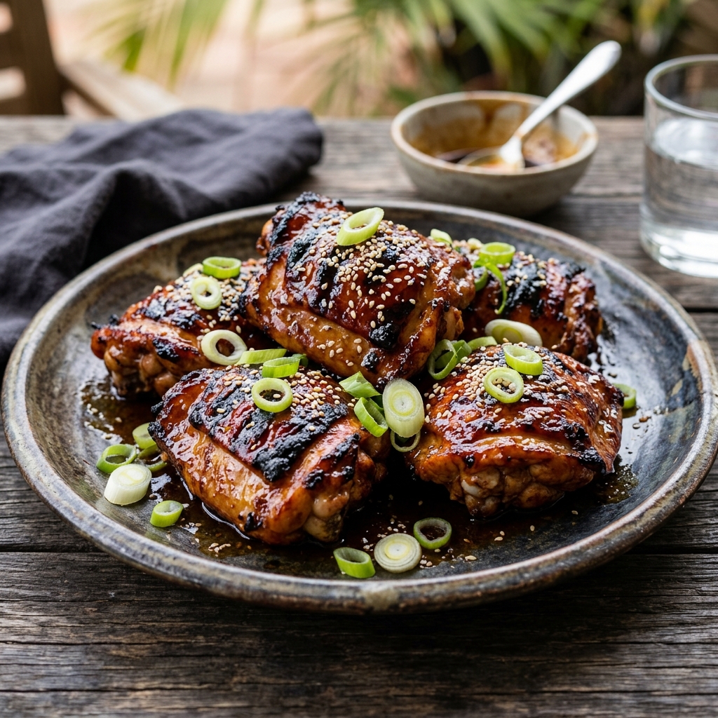 A plate of grilled chicken with onions and sauce.