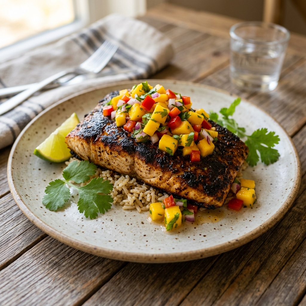 A plate of blackened mahi mahi with a mango salsa.
