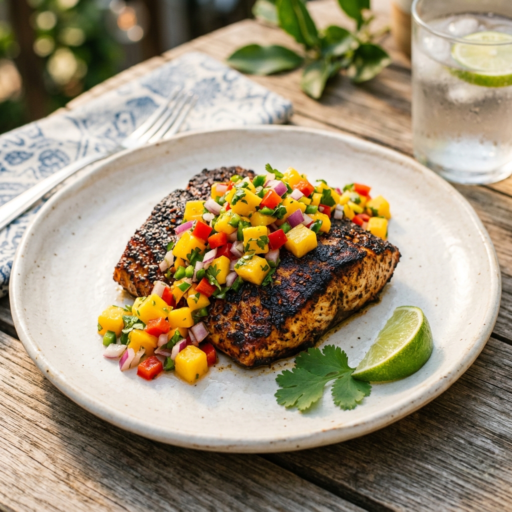 A plate of blackened mahi mahi with a fresh mango salsa.