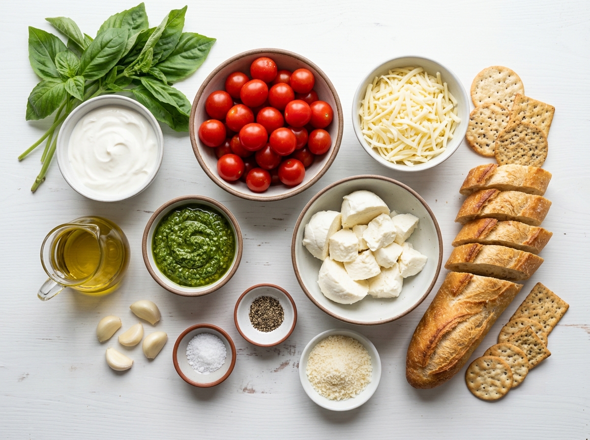 A table with various foods including bread, cheese, tomatoes, and basil.