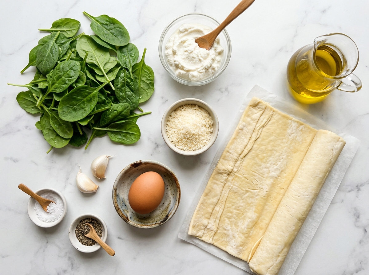 A table with various ingredients for a spinach ricotta bites recipe.