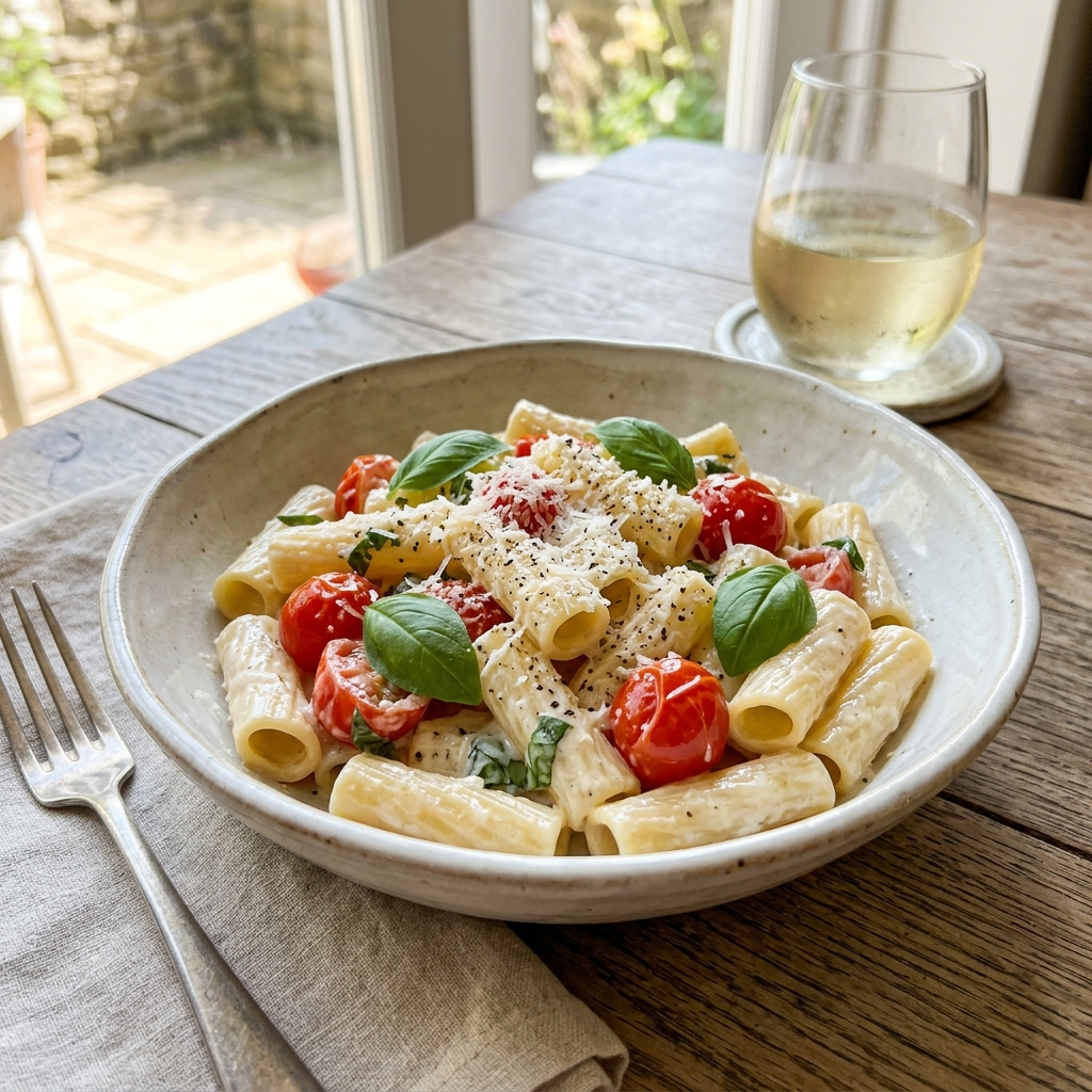 A bowl of pasta with tomatoes and basil.