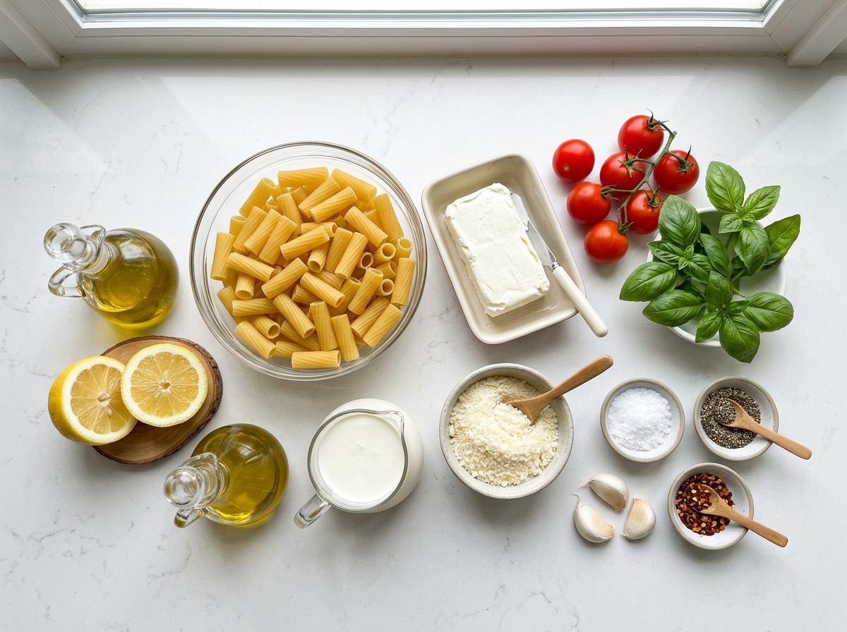 A variety of food items are displayed on a counter, including pasta, tomatoes, and cheese.