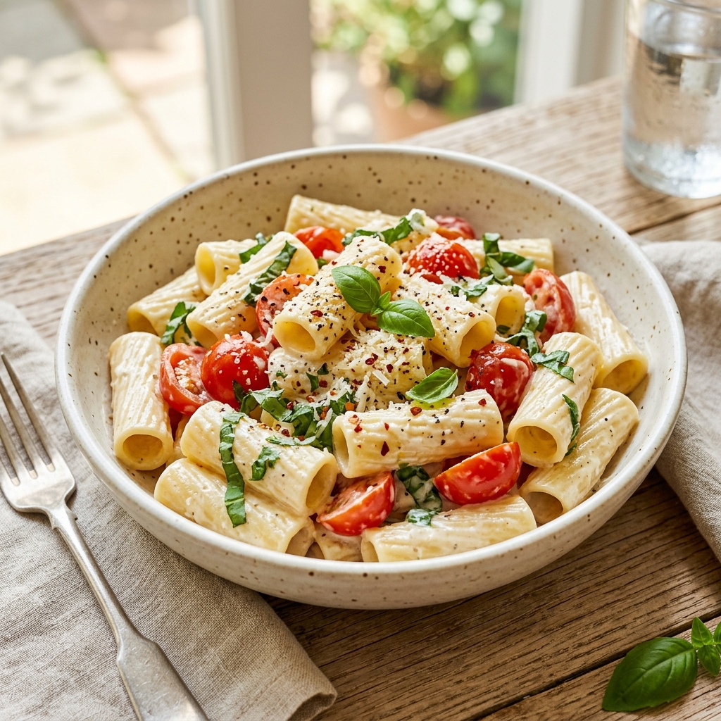 A bowl of pasta with tomatoes and basil.