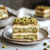 A dessert slice topped with green pistachios served on a plate.