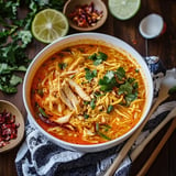 A hearty soup bowl featuring chicken, noodles, and garnishes.