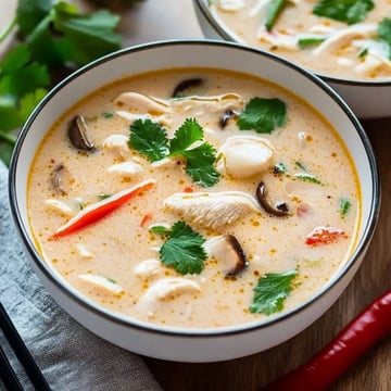 A bowl of creamy soup garnished with cilantro, slices of chicken, mushrooms, and a red chili.