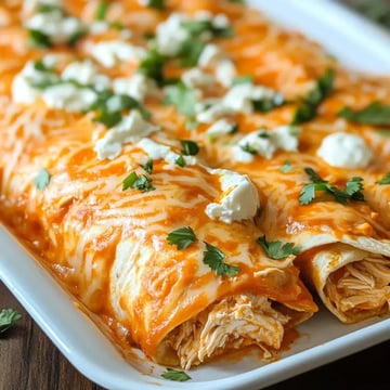 A platter of chicken enchiladas topped with cheese, sauce, and garnished with cilantro and dollops of sour cream.