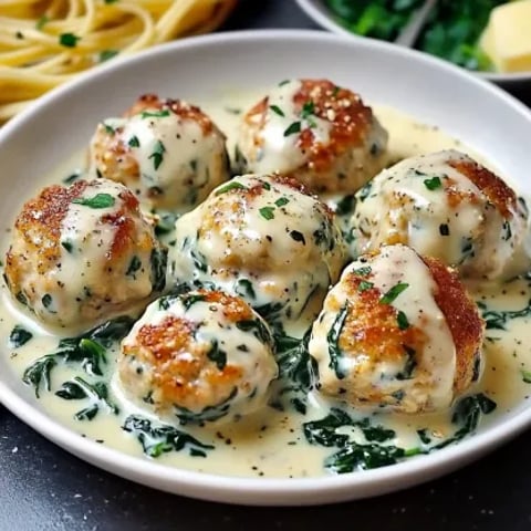 Easy Chicken Ricotta Meatballs with Spinach Alfredo Sauce