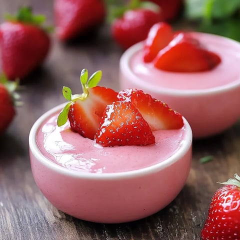 Two bowls of strawberry dessert in a pale pink color sitting on a rustic wooden surface.