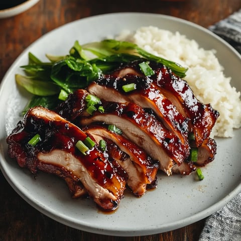 A delicious plate of caramelized Char Siu Chicken with vegetables.