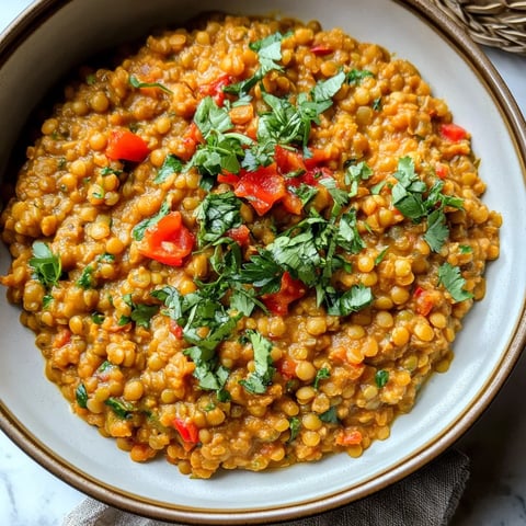 A vibrant bowl filled with lentils, herbs, and a rich tomato-based sauce surrounded by fresh vegetables.