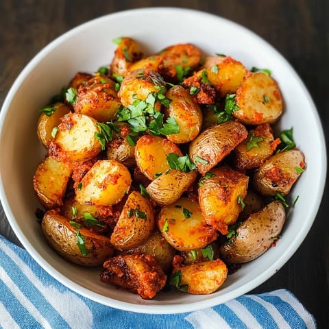 Crispy roasted potatoes garnished with fresh herbs.