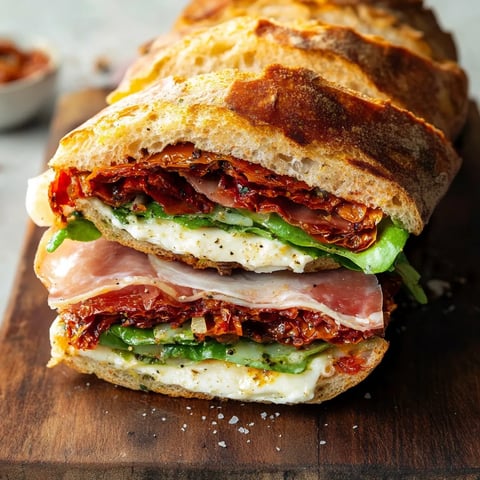 Meat and cheese sandwich sitting on wooden table.