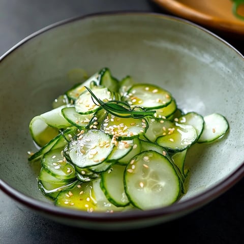 A bowl of sliced cucumbers sprinkled with sesame seeds on a table.