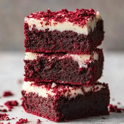 Three stacked pieces of cocoa-infused red bars with frosting.