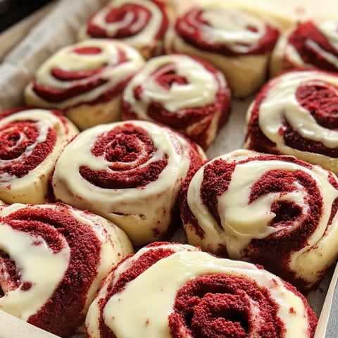 A dish of swirly red pastries with creamy topping.